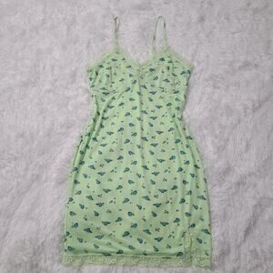 Wild Fable Women Sz M Lime Green Blue Floral Print Coquette Slip Dress Lace Trim